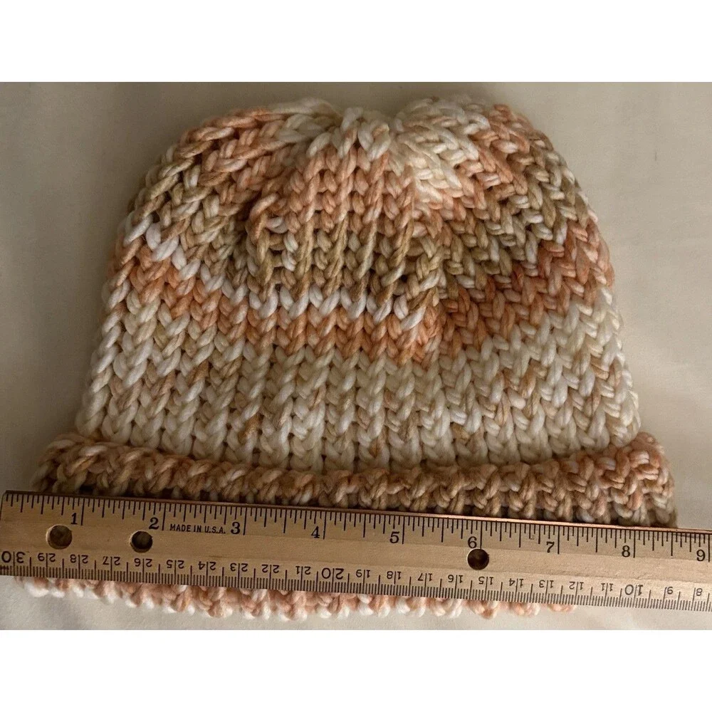 Handmade Knit Beanie Hat Pink White Brown Winter Warm Cozy
